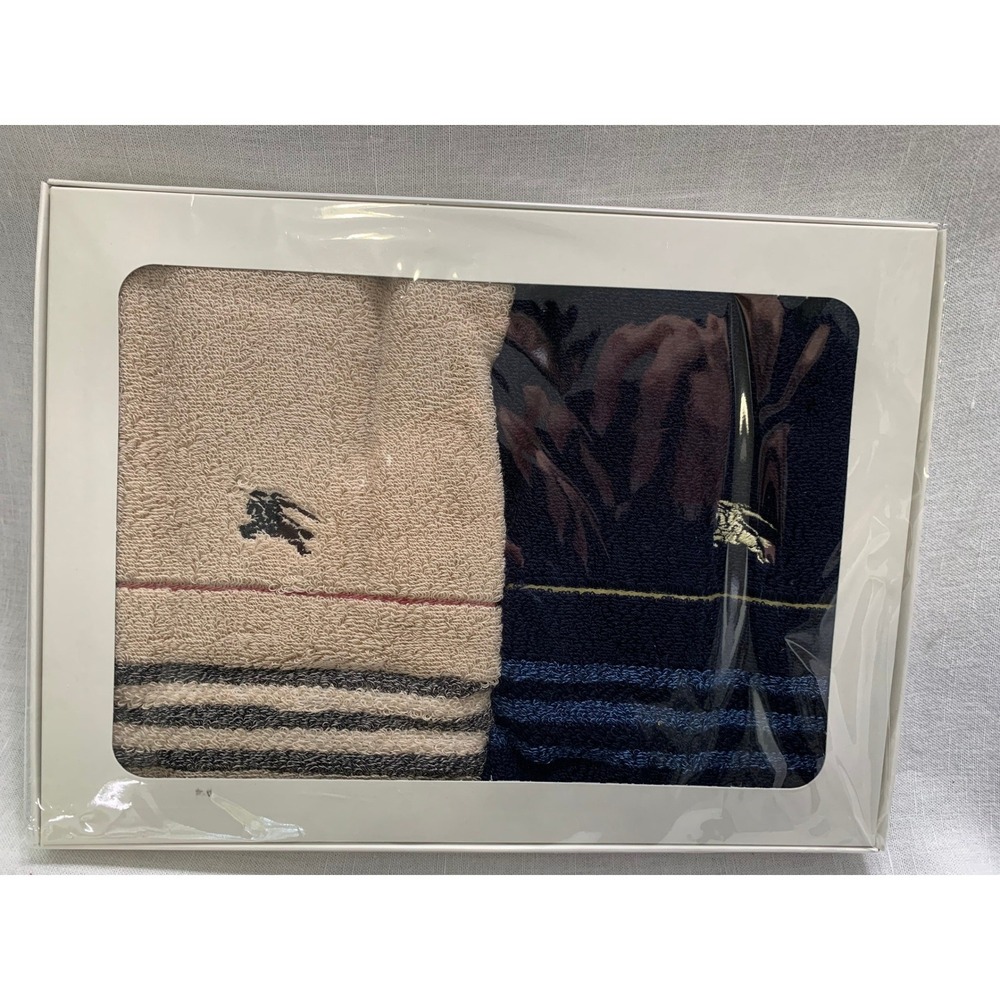 Burberry Blue Label Takashimaya Hand Towel Set Beige Navy Blue Striped 2pc #567